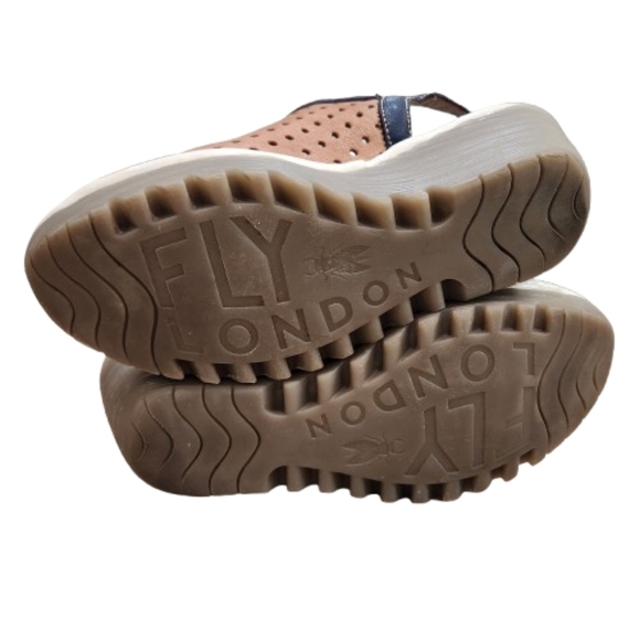 Fly London Yuti Wedge Peep Toe Perforated Sandal Suede ,Tan/Navy ,38 US Womens 7 - Picture 8 of 10